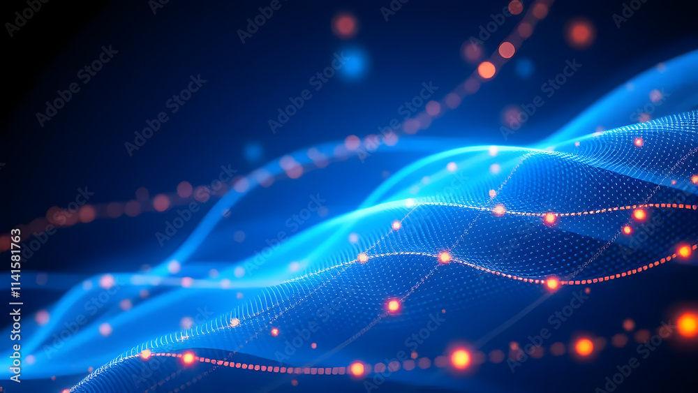 Obraz premium Digital Wave Abstract: A mesmerizing abstract artwork featuring a vibrant blue wave of light, interwoven with red digital pathways and glowing particles against a dark background.