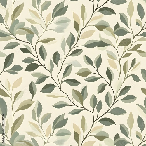 A repeating organic pattern of abstract leaves and vines in muted beige and olive tones, ideal for nature-inspired themes. 