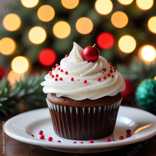 Christmas Cupcake on a Holiday Table Generative AI
