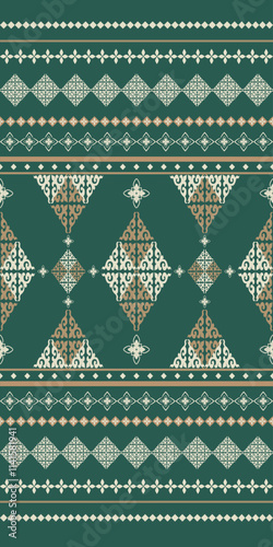 seamless knitted pattern with elements Motif Aztec Embroidery Culture of Ethnic on Dark Green Background Decorated with Gold, Beige Detailed Seamless Pattern Vector For Luxury Elaborate Silk Weaves.