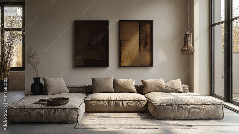 Fototapeta premium Modern Beige Modular Sofa in Minimalist Living Room