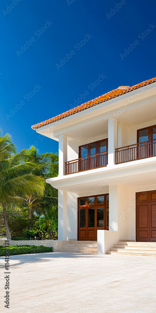 Fototapeta premium Modern tropical house with spacious patio surrounded by lush greenery under clear blue sky