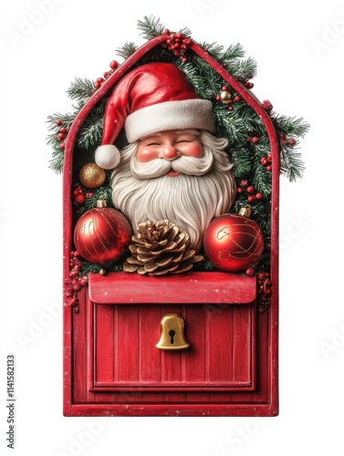 Red Santa letterbox with Christmas tree btanch and ball isolated on white background photo