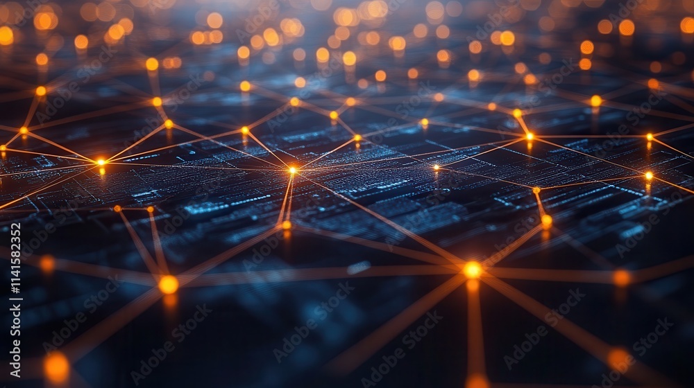 Fototapeta premium A futuristic digital landscape showcasing interconnected nodes and glowing pathways, representing data flow and technology.