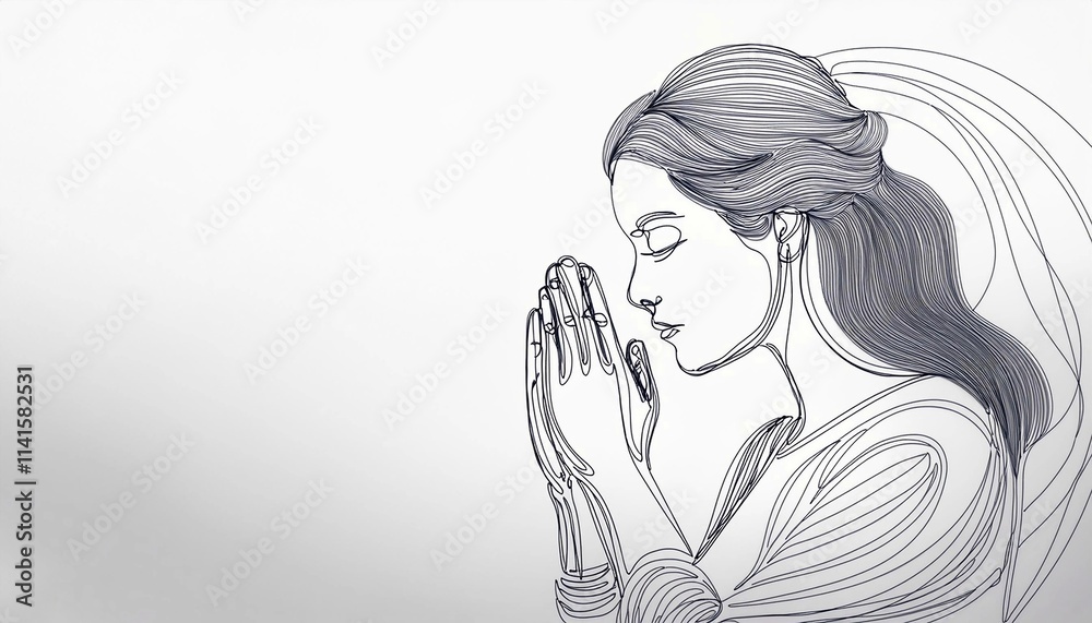 Continuous line art or One Line Drawing of women with prayer hand gestures, linear style and Hand drawn Continuous line art or One Line Drawing of women with prayer hand gestures, linear style and Hand drawn