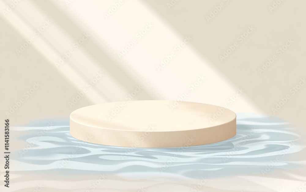 Floating circular platform surrounded by gentle water currents in a tranquil setting Floating circular platform surrounded by gentle water currents in a tranquil setting