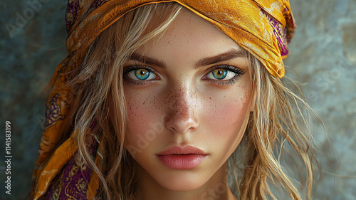 Woman with Freckles  Blonde Hair  and Headscarf