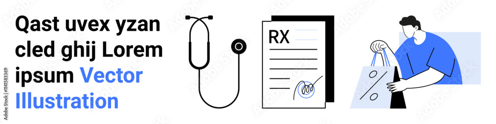 Stethoscope, prescription document, and person holding a shopping bag suggest healthcare, medical prescriptions, and lifestyle themes. Ideal for illustrating medical services, healthcare apps Stethoscope, prescription document, and person holding a shopping bag suggest healthcare, medical prescriptions, and lifestyle themes. Ideal for illustrating medical services, healthcare apps