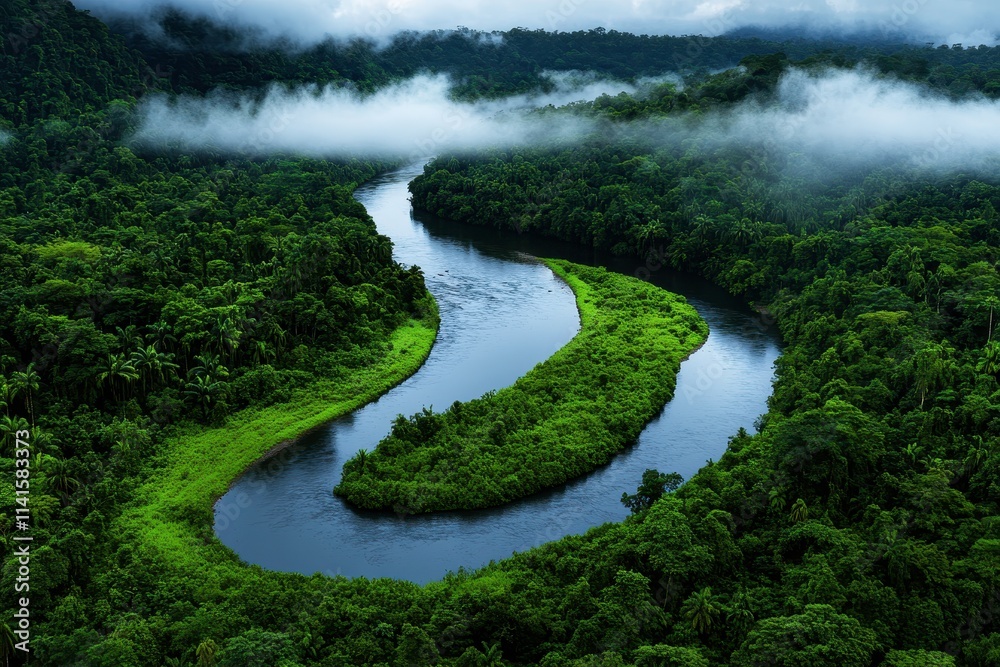 Breathtaking Aerial View of Serpentine River Winding Through Lush Green Rainforest with Mist Shrouding the Landscape in Vibrant Colors Breathtaking Aerial View of Serpentine River Winding Through Lush Green Rainforest with Mist Shrouding the Landscape in Vibrant Colors