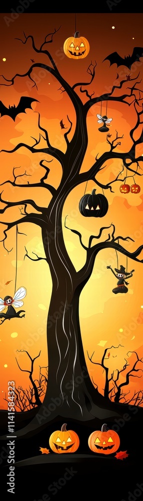 Halloween Night Spooky Tree with Jack-o'-lanterns and Bats Halloween Night Spooky Tree with Jack-o'-lanterns and Bats