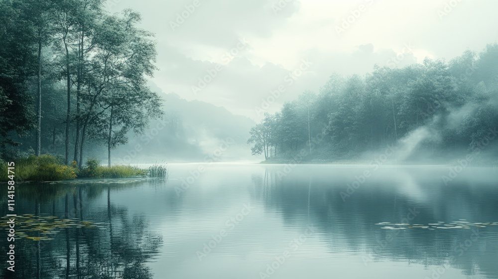 Misty lake, tranquil forest reflection. Misty lake, tranquil forest reflection.