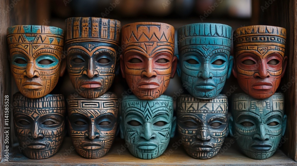 Vibrant Collection of Intricately Carved Decorative Masks Displayed in a Charming Craft Shop Boasting Diverse Colors and Cultural Patterns Vibrant Collection of Intricately Carved Decorative Masks Displayed in a Charming Craft Shop Boasting Diverse Colors and Cultural Patterns