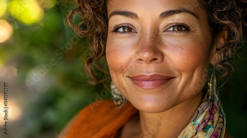 A close-up of a diverse woman’s face captures her confidence and resilience, her radiant smile reflecting inner strength and self-empowerment.