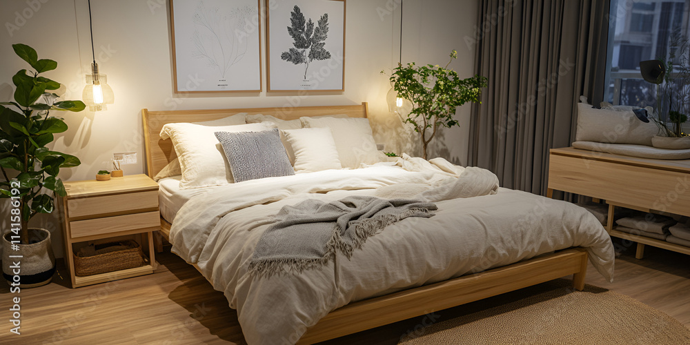 Fototapeta premium Cozy Modern Bedroom Interior with Plants and Minimalist Decor