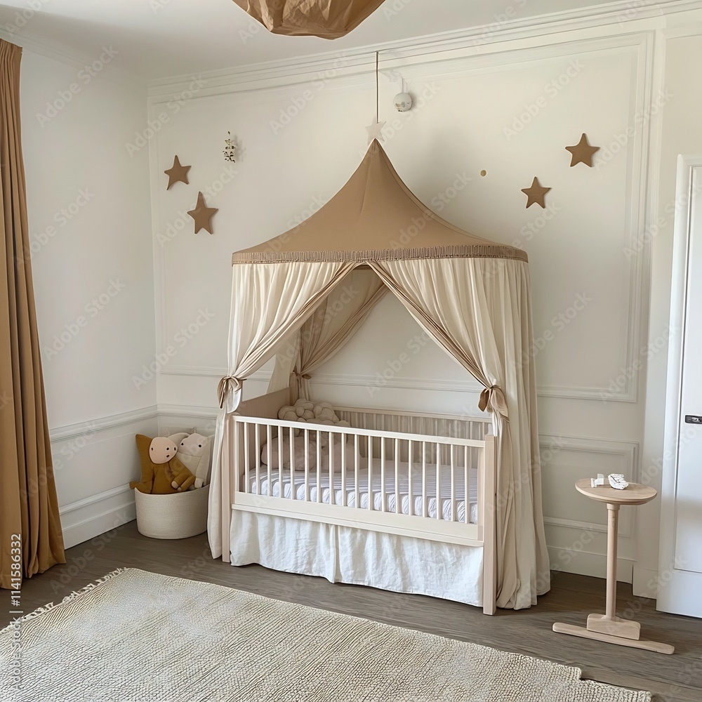 Cozy Neutral Toned Nursery with Elegant Star Accented Canopy Crib Cozy Neutral Toned Nursery with Elegant Star Accented Canopy Crib