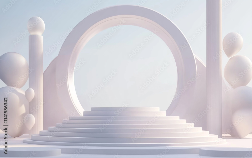 Minimalist architectural structure with circular arch and steps in soft light Minimalist architectural structure with circular arch and steps in soft light