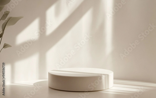 Minimalist display platform with soft light and shadows in a serene indoor setting