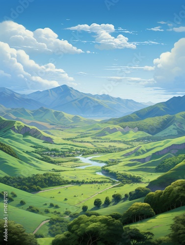 A vibrant green valley features rolling emerald hills beneath a clear blue sky, with sunlight casting soft shadows through scattered clouds.
