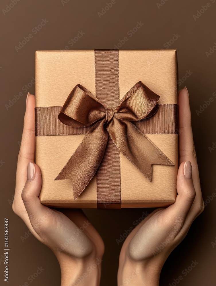 Woman holding brown gift box isolated on brown background. Close up of female hands holding elegant present with copy space. Young woman hands carrying beautiful gift box with satin ribbon. Woman holding brown gift box isolated on brown background. Close up of female hands holding elegant present with copy space. Young woman hands carrying beautiful gift box with satin ribbon.