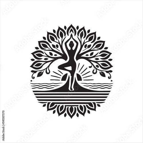 yoga tree pose silhouette vector logo illustration