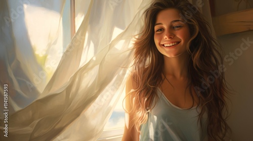 A young woman beams by the window in a sunlit studio, her hair dancing gently in the breeze as soft fabrics envelop her, radiating warmth and hope.