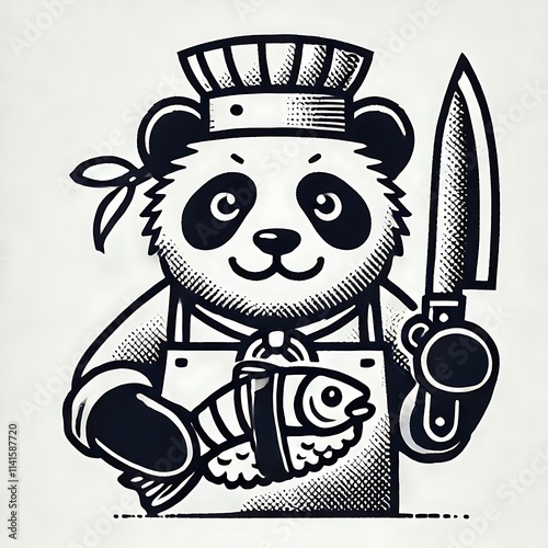 A panda chef holding a fish and a knife. photo