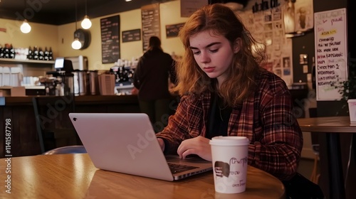 A photo of a young woman journaling in a trendy café, with a laptop and latte next to her. 