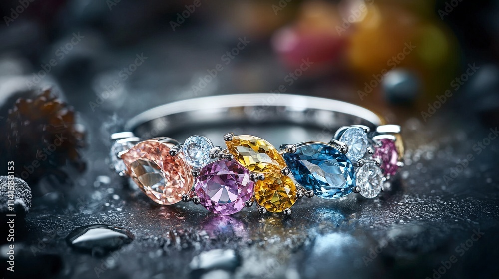 Glimmering gemstone ring display jewelry store product showcase urban environment close-up view artisan craftsmanship Glimmering gemstone ring display jewelry store product showcase urban environment close-up view artisan craftsmanship