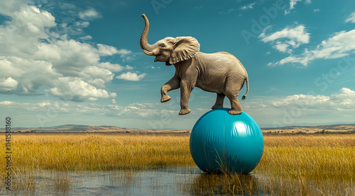 An elephant balancing on top of an inflatable blue ball in the savannah photo