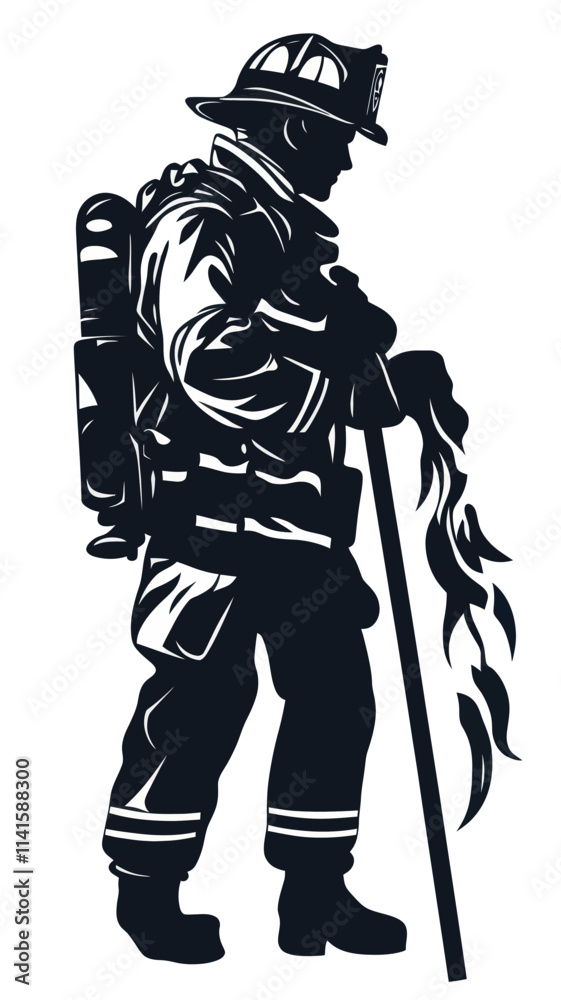 Obraz premium Firefighter Silhouette Vector Art Black and White Design for Safety Themes