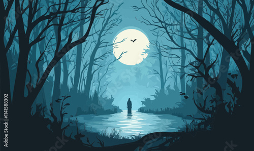 Ethereal Ghostly Figure Emerging from Moonlit Lake in Misty Forest Vector Art
