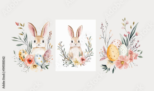 Easter Bunny with Floral Wreath Watercolor Illustration for Cards and Invitations