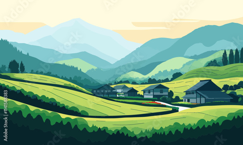 Serene Mountain Tea Plantation Minimalist Vector Illustration for Peaceful Landscapes