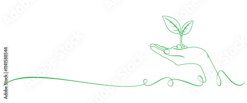 Earth Day line art style. hand with growing plant in simple linear style. Line vector elements