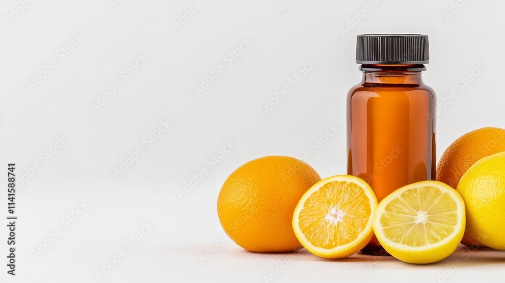 A brown glass bottle sits beside whole oranges and sliced lemons on a clean background, showcasing citrus fruits and essential oil.