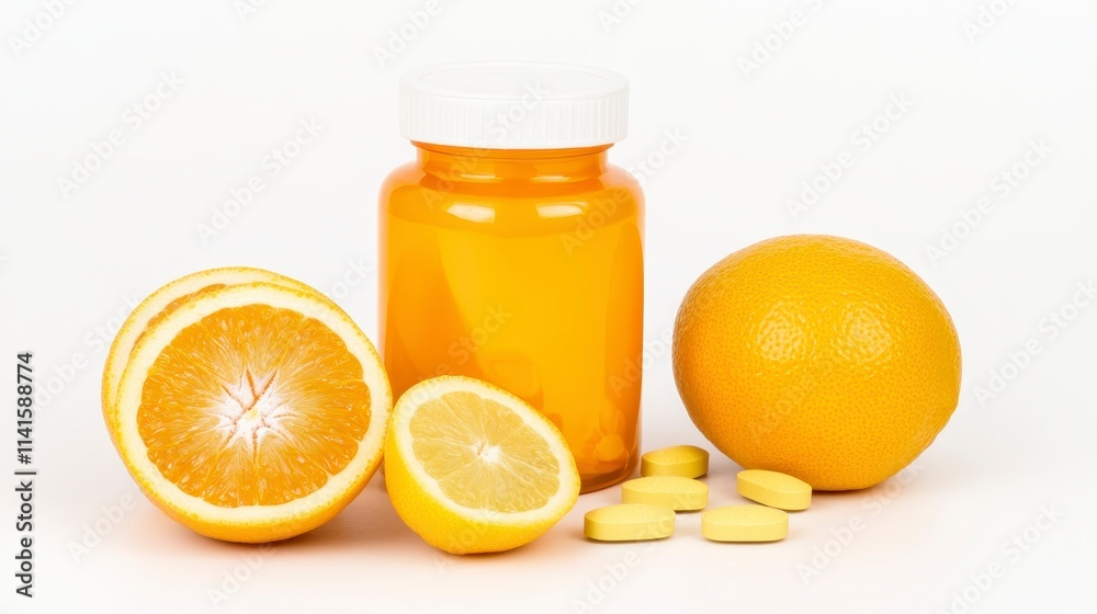 A vibrant arrangement featuring oranges, slices, a jar of orange content, and tablets, symbolizing health and vitality. A vibrant arrangement featuring oranges, slices, a jar of orange content, and tablets, symbolizing health and vitality.