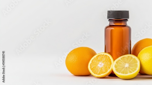 Wallpaper Mural A brown glass bottle sits beside whole oranges and sliced lemons on a clean background, showcasing citrus fruits and essential oil. Torontodigital.ca