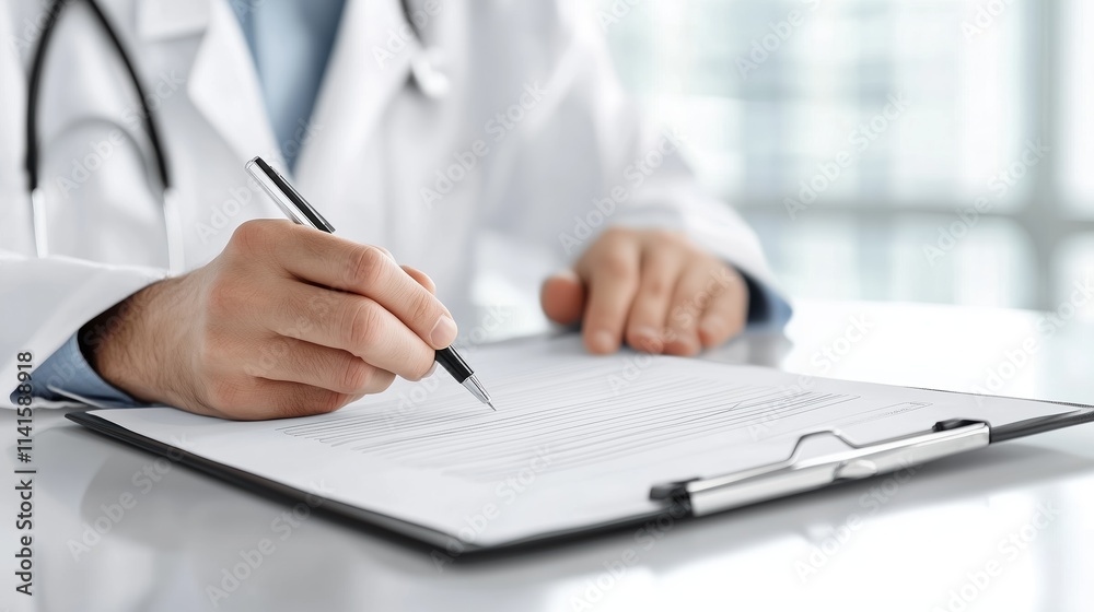 A doctor is writing medical notes on a clipboard, sitting at a table in a bright, clean medical room A doctor is writing medical notes on a clipboard, sitting at a table in a bright, clean medical room