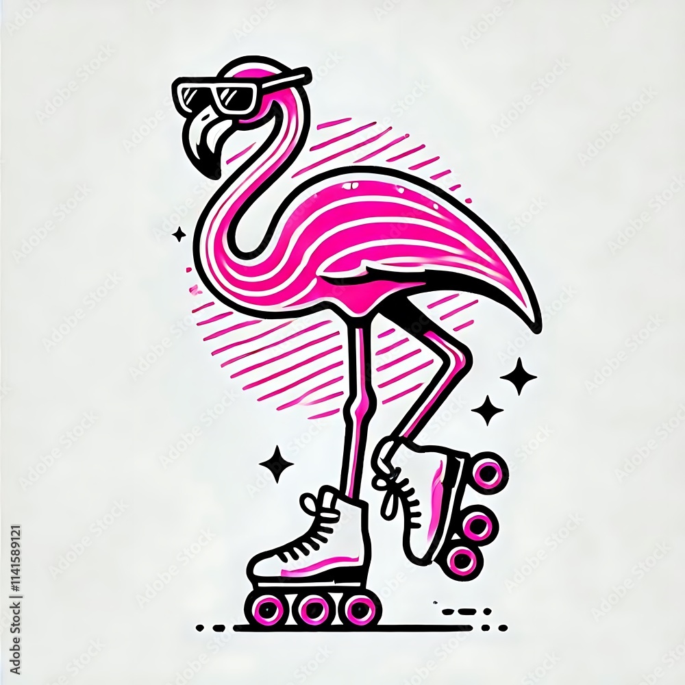 A pink flamingo on roller skates wearing sunglasses. A pink flamingo on roller skates wearing sunglasses.