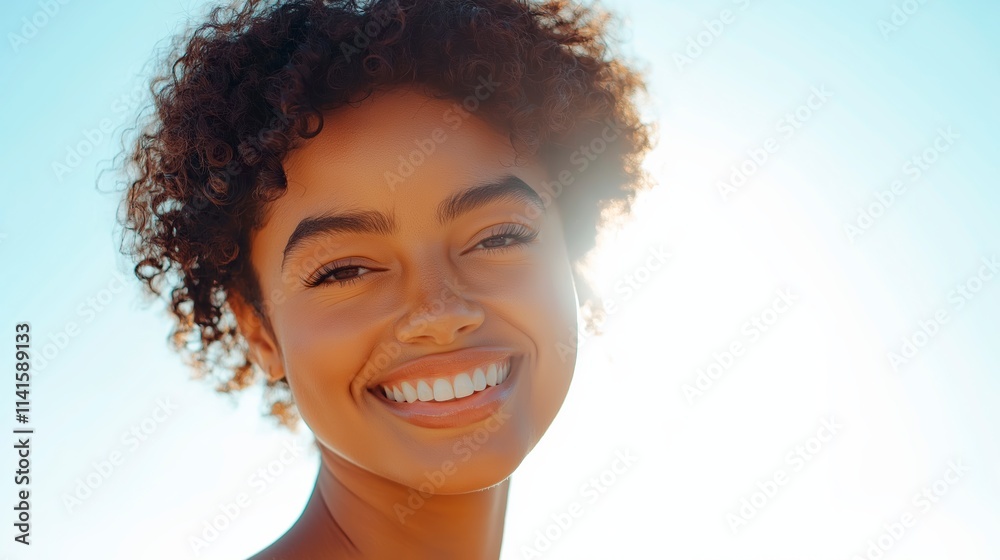 A minimalist photo of a dark-skinned woman with short curly hair smiling A minimalist photo of a dark-skinned woman with short curly hair smiling