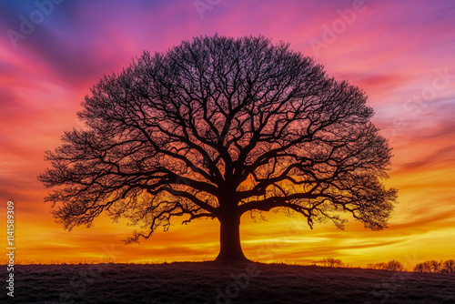 A lone tree silhouetted against a vibrant evening sky, showcases dramatic light and serene nature.