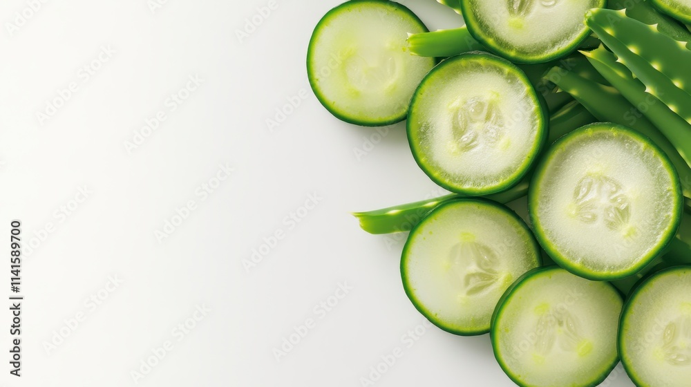 Fresh cucumber slices and aloe vera leaves arranged on a light background, showcasing their vibrant colors and textures. Fresh cucumber slices and aloe vera leaves arranged on a light background, showcasing their vibrant colors and textures.