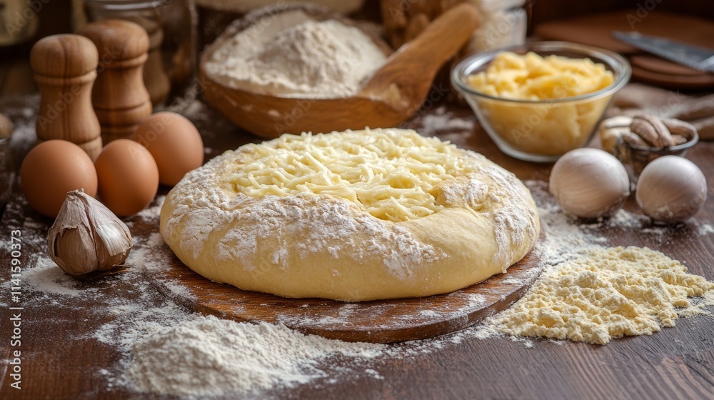 Homemade bread and ingredients on a wooden table Homemade bread and ingredients on a wooden table
