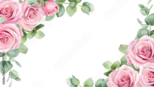 Watercolor pink roses and green eucalyptus corner border isolated on white background PNG.AI GENERATED