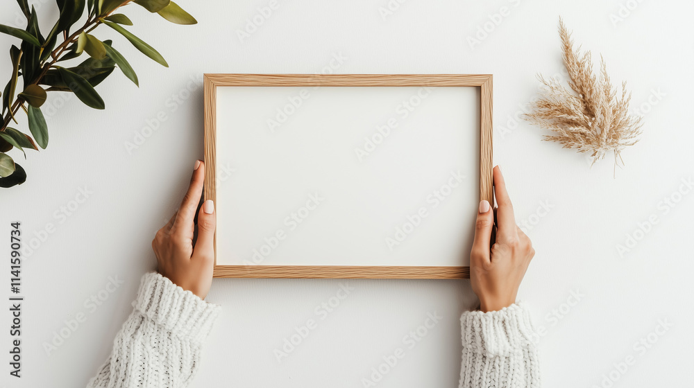 Hands holding a wooden frame against a white wall with plants and dried decor. Hands holding a wooden frame against a white wall with plants and dried decor.