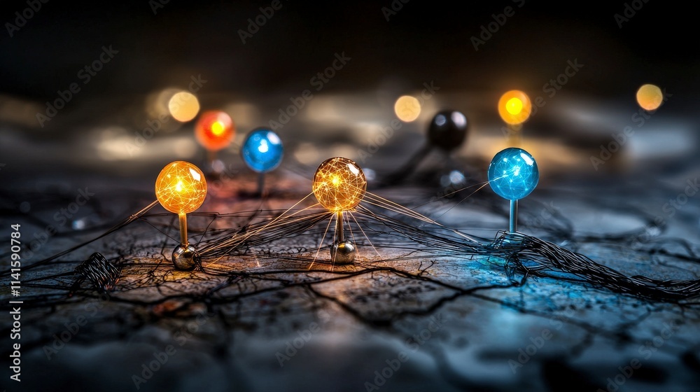 Travel exploration pins light up a world map connecting destinations journeying through colorful adventures Travel exploration pins light up a world map connecting destinations journeying through colorful adventures