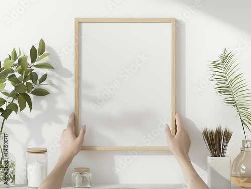 Hands holding a wooden frame against a white wall with plants and decor.