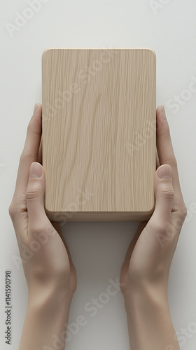 Hands holding a smooth wooden block with natural grain texture on a neutral background.