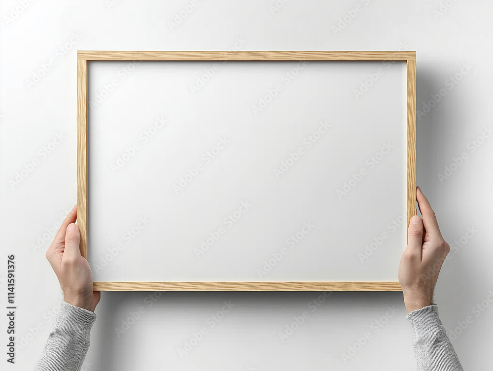 Hands holding an empty wooden frame against a white background. Hands holding an empty wooden frame against a white background.