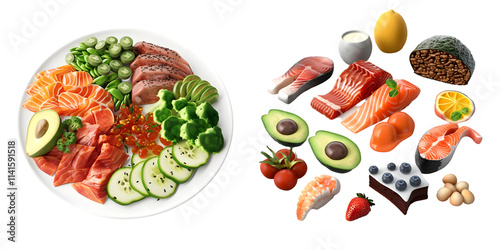 Healthy low carbohydrate foods 3D rendering isolated on a white background. Generative AI. photo